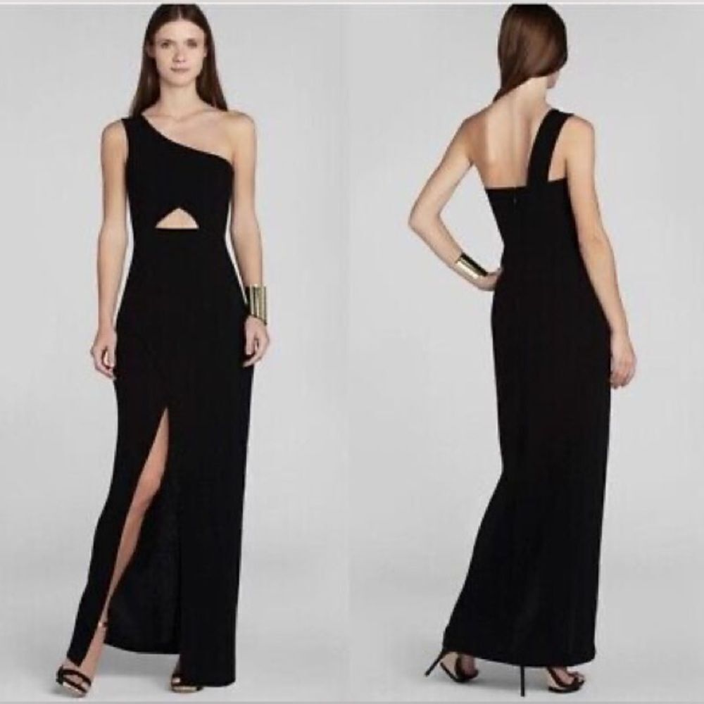 BCBGMAXAZRIA  Black One Shoulder Cut Out Front Slit Dress